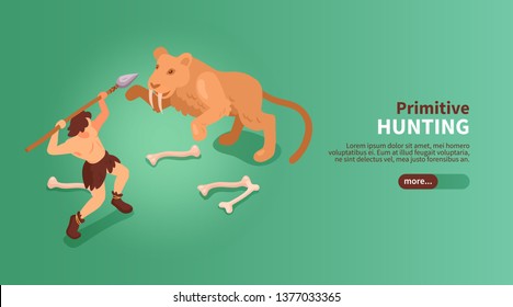 Isometric primitive people caveman banner with text slider button images of human and sabre toothed tiger vector illustration