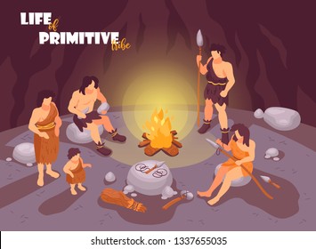 Isometric Primitive People Caveman Composition With Cave Scenery Bonfire And Human Characters Of Tribe Family Members Vector Illustration