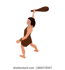 Isometric primitive people composition with isolated prehistoric ancient icon on blank background vector illustration