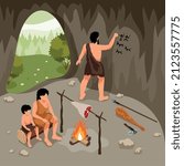 Isometric primitive people composition with view of tribal family in cave with man drawing on walls vector illustration