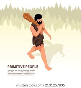 Isometric primitive people forest background with composition of editable text and walking character of prehistoric man vector illustration