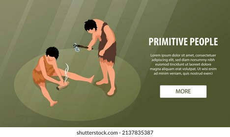 Banner horizontal de personas primitivas isométricas con texto editable haciendo clic en más botones y caracteres de la ilustración vectorial de hombres prehistóricos
