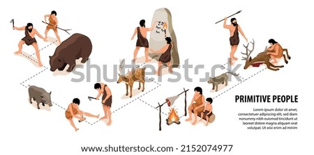 Isometric primitive people infographics with flowchart of isolated prehistoric life scenes with human characters and text vector illustration