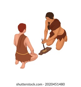 Isometric primitive people making fire by rubbing twigs 3d isometric vector illustration