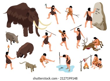 Isometric Primitive People Set With Isolated Icons Of Ancient Beasts And First Men With Labor Instruments Vector Illustration