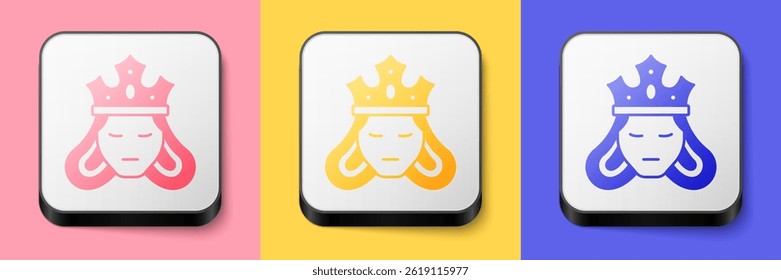 Isometric Princess or queen wearing her crown icon isolated on pink, yellow and blue background. Medieval lady. Square button. Vector