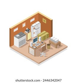 Isometric print shop illustrated in vector