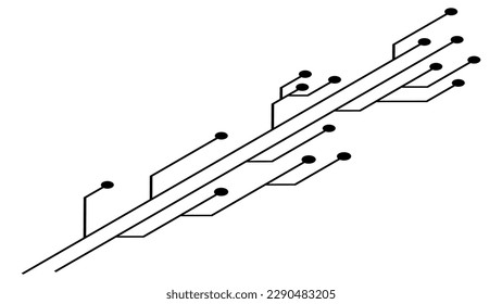 Isometric printed circuit board PCB tracks isolated on white background. Technical clipart with lines and dots at the ends. Vector design element.