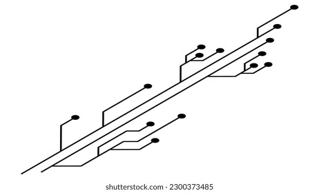 Isometric printed circuit board PCB tracks isolated on white background. Technical clipart with lines and dots at the ends. Vector design element.