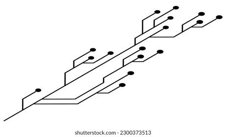 Isometric printed circuit board PCB tracks isolated on white background. Technical clipart with lines and dots at the ends. Vector design element.