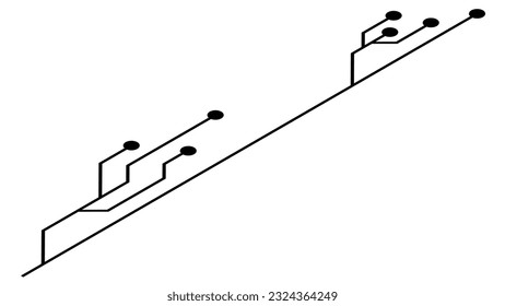 Isometric printed circuit board PCB tracks isolated on white background. Technical clipart with lines and dots at the ends. Design element.