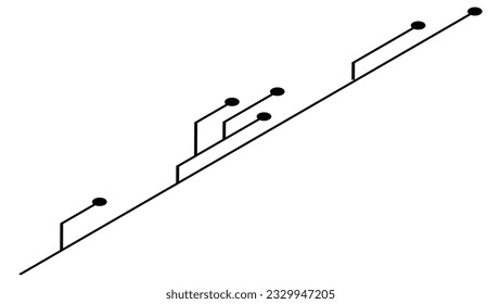 Pistas de PCB de circuitos impresos isométricos aisladas en fondo blanco. Piloto técnico con líneas y puntos en los extremos. Elemento de diseño de vectores.