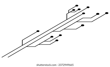 Isometric printed circuit board PCB tracks isolated on white background. Technical clipart with lines and dots at the ends. Vector design element.