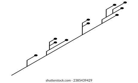 Pistas de PCB de circuitos impresos isométricos aisladas en fondo blanco. Piloto técnico con líneas y puntos en los extremos. Elemento de diseño de vectores.