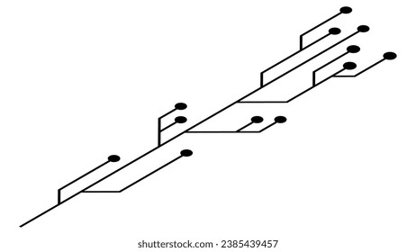 Isometric printed circuit board PCB tracks isolated on white background. Technical clipart with lines and dots at the ends. Vector design element.