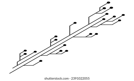 Isometric printed circuit board PCB tracks isolated on white background. Technical clipart with lines and dots at the ends. Vector design element.