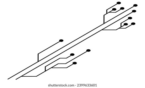 Isometrische Leiterplatten-Leiterplatten-Spuren einzeln auf weißem Hintergrund. Technische Clipkunst mit Linien und Punkten an den Enden. Vectordesign-Element.