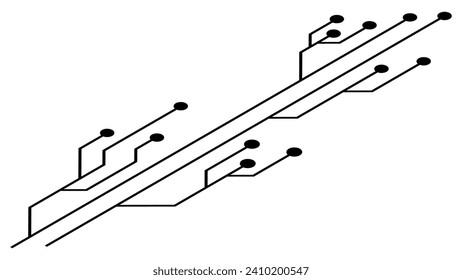 Isometric printed circuit board PCB tracks isolated on white background. Technical clipart with lines and dots at the ends. Vector design element.