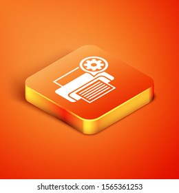 Isometric Printer and gear icon isolated on orange background. Adjusting app, service concept, setting options, maintenance, repair, fixing.  Vector Illustration