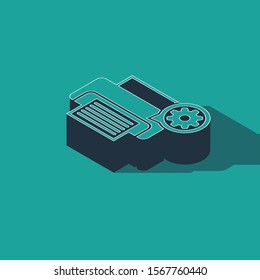 Isometric Printer and gear icon isolated on green background. Adjusting app, service concept, setting options, maintenance, repair, fixing.  Vector Illustration