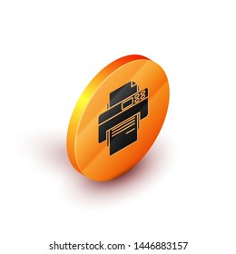 Isometric Printer icon isolated on white background. Orange circle button. Vector Illustration