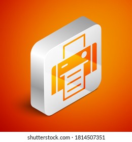 Isometric Printer icon isolated on orange background. Silver square button. Vector.