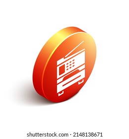 Isometric Printer icon isolated on white background. Orange circle button. Vector Illustration