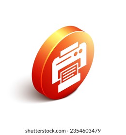 Isometric Printer icono aislado en fondo blanco. Botón de círculo naranja. Ilustración vectorial