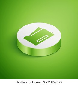 Isometric Printer icon isolated on green background. White circle button. Vector