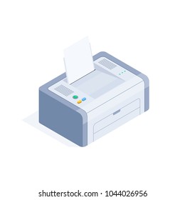 Isometric printer isolated on white background. 3d laser printer. Icon of office equipment. Vector illustration.