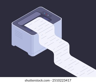 Impressora isométrica. Dispositivo de impressão do Office, impressora multifuncional imprimindo documentos em papel, dispositivo eletrônico sem fio 3d ilustração vetorial. Impressora moderna de escritório e copiadora