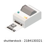 Isometric printer printing label with qr code 3d vector illustration