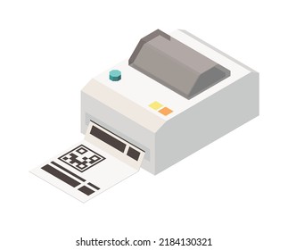 Isometric Printer Printing Label With Qr Code 3d Vector Illustration