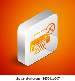 Isometric Printer with screwdriver and wrench icon isolated on orange background. Adjusting, service, setting, maintenance, repair, fixing. Silver square button. Vector Illustration Isometric Printer with screwdriver and wrench icon isolated on orange background. Adjusting, service, setting, maintenance, repair, fixing. Silver square button. Vector Illustration