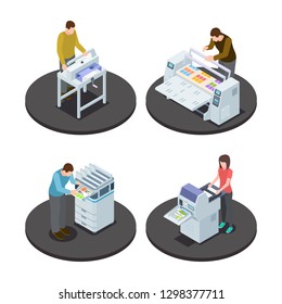 Isometric printing house icons concept with digital rotary large format and offset production types vector illustration