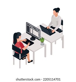 Isometric printing house office with two female editors or designers working on computers 3d vector illustration