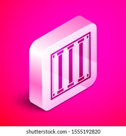 Isometric Prison window icon isolated on pink background. Silver square button. Vector Illustration