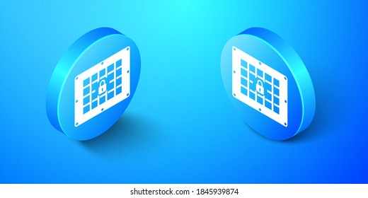 Isometric Prison window icon aislado en fondo azul. Botón de círculo azul. Vector.