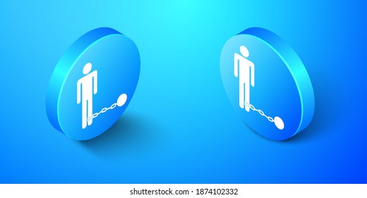 Prisionero isométrico con icono de bola en cadena aislado en fondo azul. Botón de círculo azul. Vector.