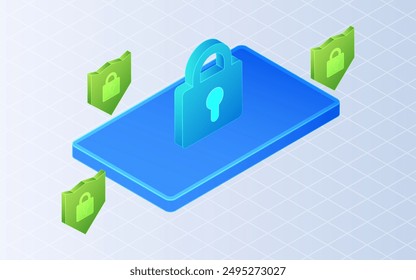Isometric privacy, cyber protection.  Protection shield and phone on white background