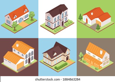 Isometric private house design concept set with different size price and style buildings vector illustration