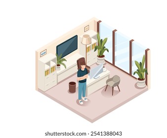 Isometric private office with a man working at a desk in a minimalist space. Calm, focused work environment. Perfect for business, remote work, and productivity themes. Vector illustration.