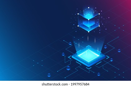 Isometric processor block chain on grid background.Futuristic concept.vector and illustration