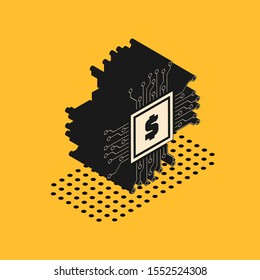 Isometric Processor chip with dollar icon isolated on yellow background. CPU, central processing unit, microchip, microcircuit, computer processor.  Vector Illustration