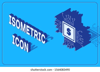 Isometric Processor chip with dollar icon isolated on blue background. CPU, central processing unit, microchip, microcircuit, computer processor.  Vector Illustration