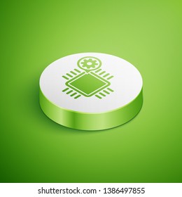 Isometric Processor and gear icon isolated on green background. CPU, chip service concept. Adjusting app, setting options, maintenance, repair, fixing. White circle button. Vector Illustration