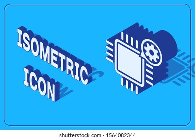 Isometric Processor and gear icon isolated on blue background. CPU, chip service concept. Adjusting app, setting options, maintenance, repair, fixing.  Vector Illustration