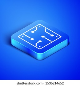 Isometric Processor icon isolated on blue background. CPU, central processing unit, microchip, microcircuit, computer processor, chip. Blue square button. Vector Illustration