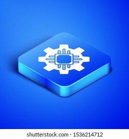 Isometric Processor icon isolated on blue background. CPU, central processing unit, microchip, microcircuit, computer processor, chip. Blue square button. Vector Illustration