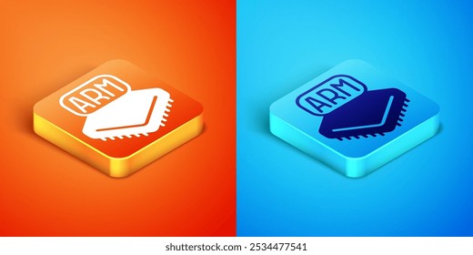 Isometric Processor icon isolated on orange and blue background. CPU, central processing unit, microchip, microcircuit, computer processor, chip.  Vector